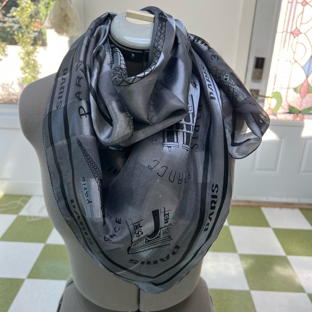 Silky scarf Grey  wrap  Paris France print 37”x37”